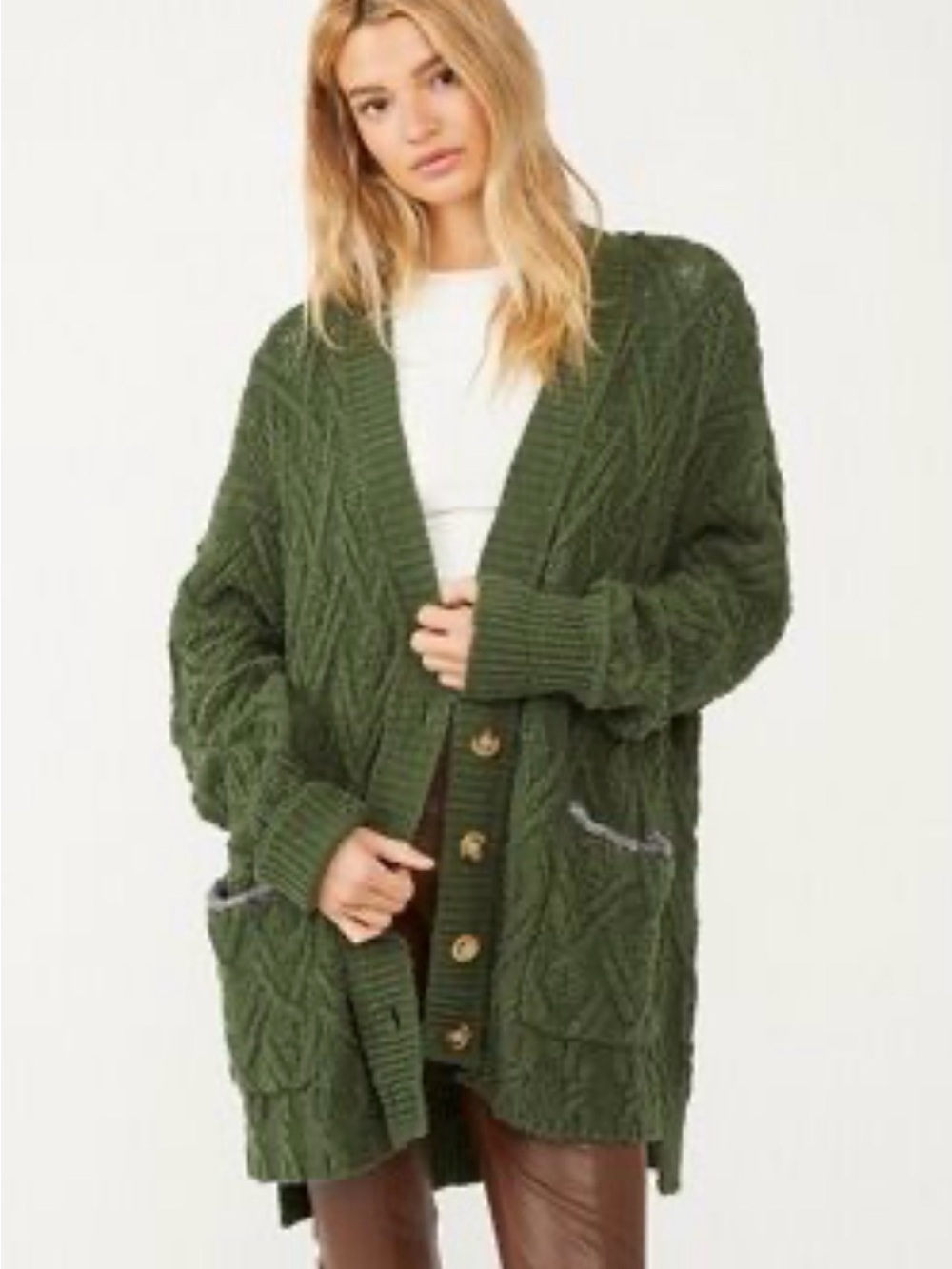 Free People Montana Cable Cardi  in Olive Cable Knit Button-Front Cardigan